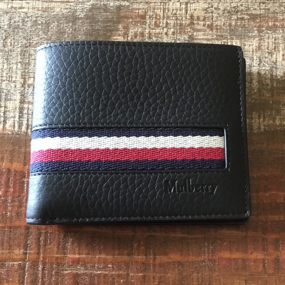 Authentic Mulberry Men’s 8 Card Stripes Animation Bifold Black Leather Wallet